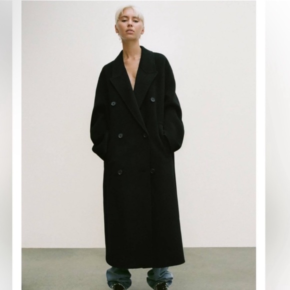 NWT ZARA Double Faced Black Wool Blend Double Breasted Long Oversized Coat - Picture 2 of 13